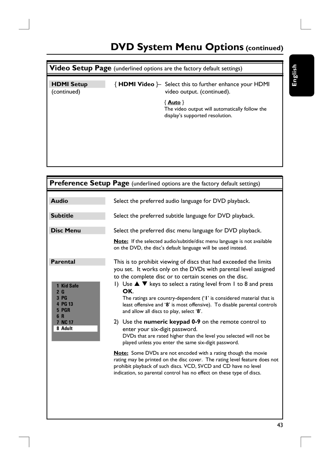 Philips HTS9800W user manual Disc Menu, Parental 