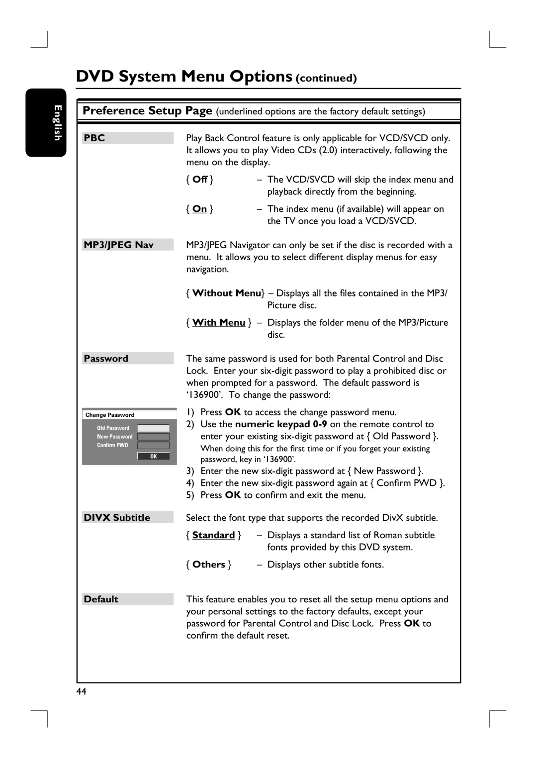 Philips HTS9800W user manual MP3/JPEG Nav Password, Divx Subtitle, Default 