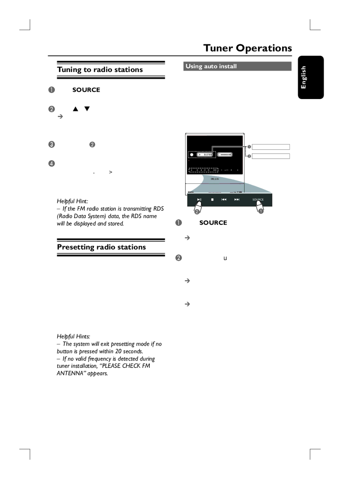 Philips HTS9800W user manual Tuner Operations, Tuning to radio stations, Presetting radio stations, Using auto install 