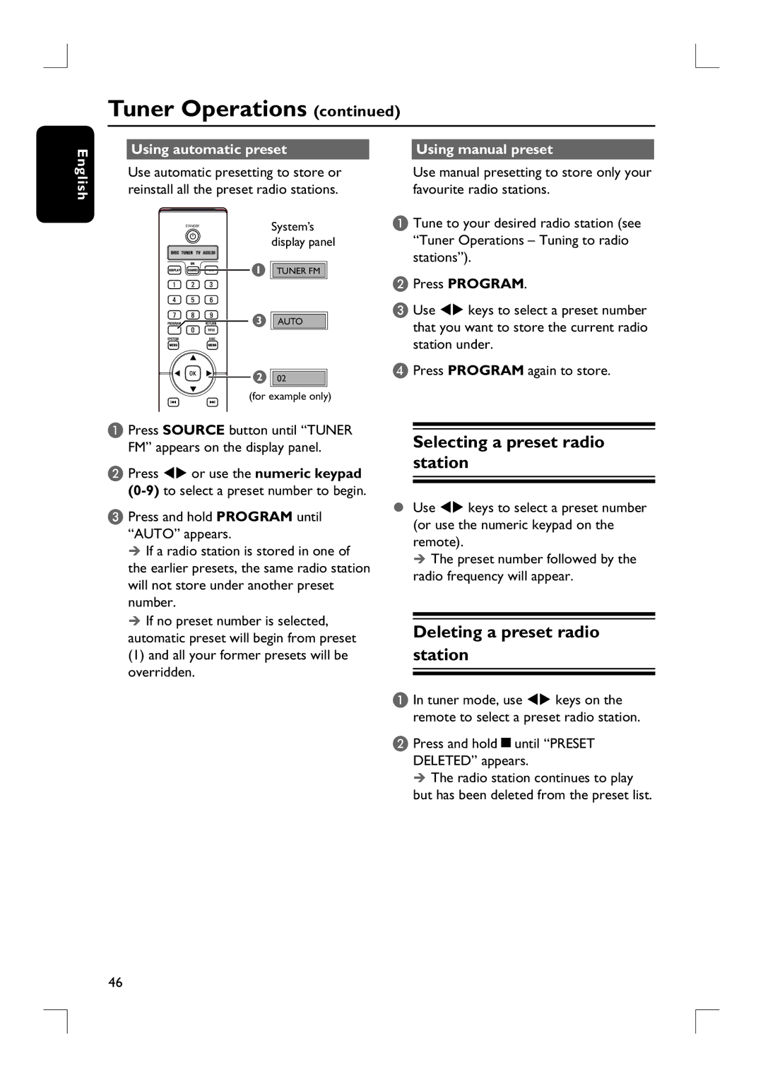 Philips HTS9800W user manual Selecting a preset radio station, Deleting a preset radio station 