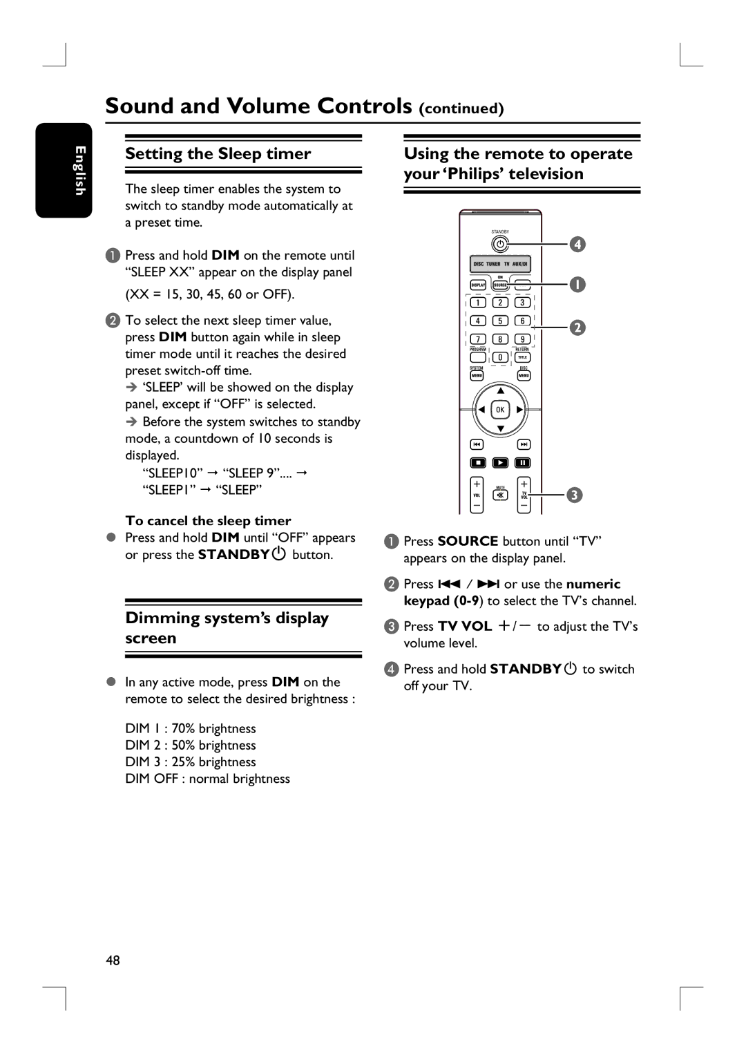 Philips HTS9800W Setting the Sleep timer, Using the remote to operate your ‘Philips’ television, To cancel the sleep timer 