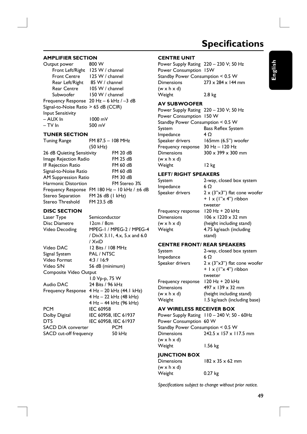 Philips HTS9800W user manual Specifications, Amplifier Section 