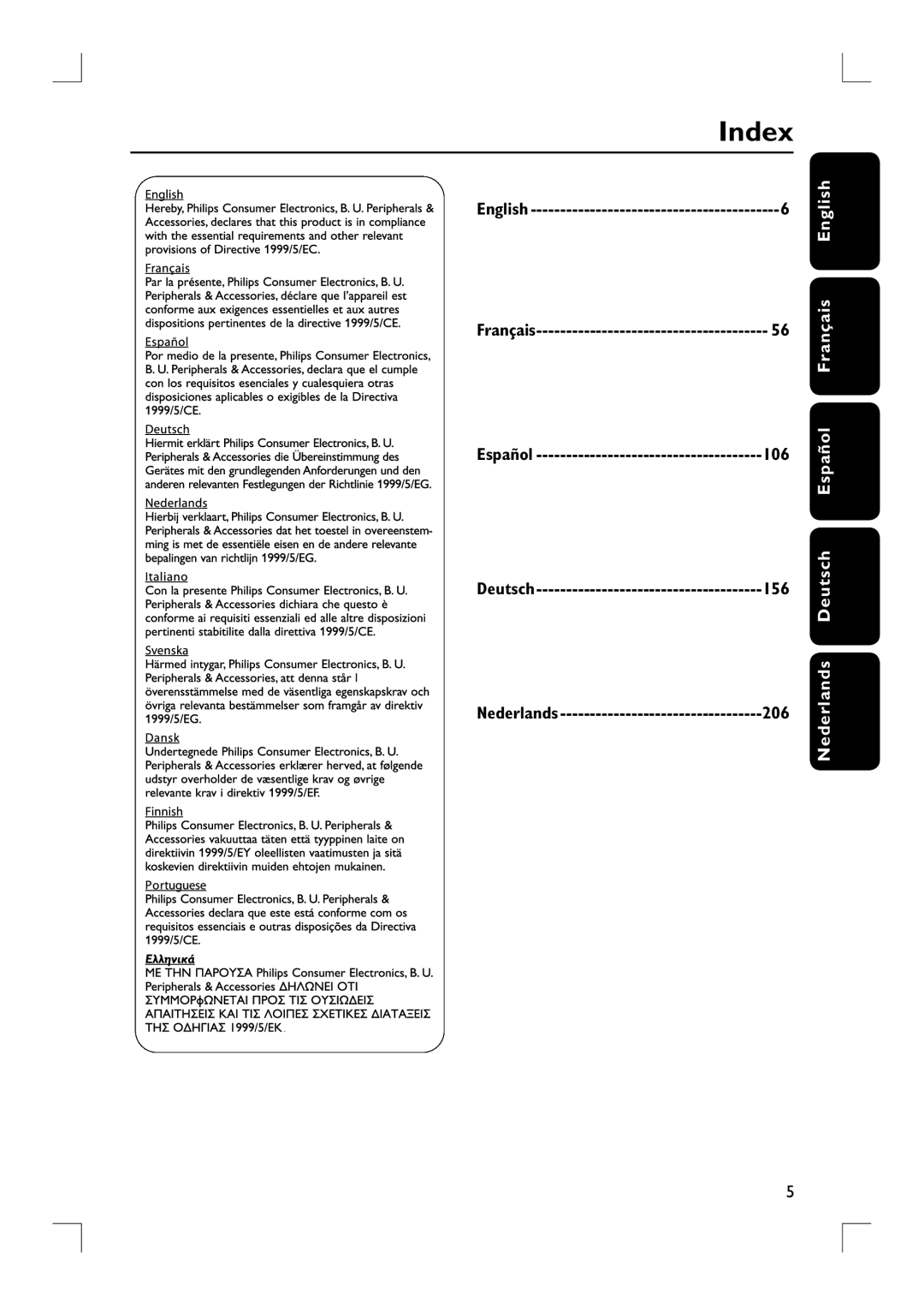 Philips HTS9800W user manual Index, Nederlands Deutsch Español Français English 