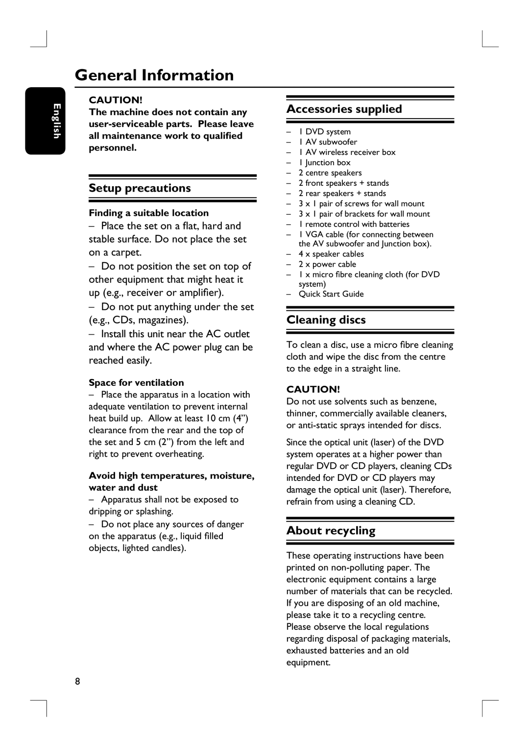 Philips HTS9800W user manual General Information, Setup precautions, Accessories supplied, Cleaning discs, About recycling 