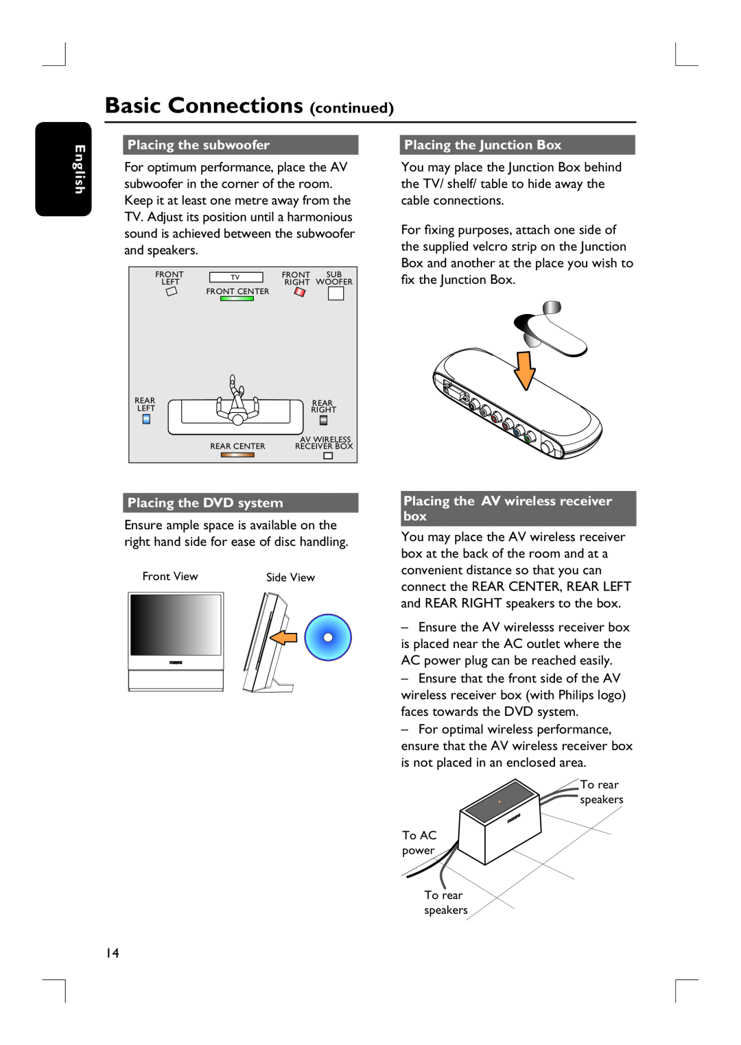 Philips HTS9800W user manual Basic Connections continued, Placing the subwoofer, Placing the Junction Box, English 