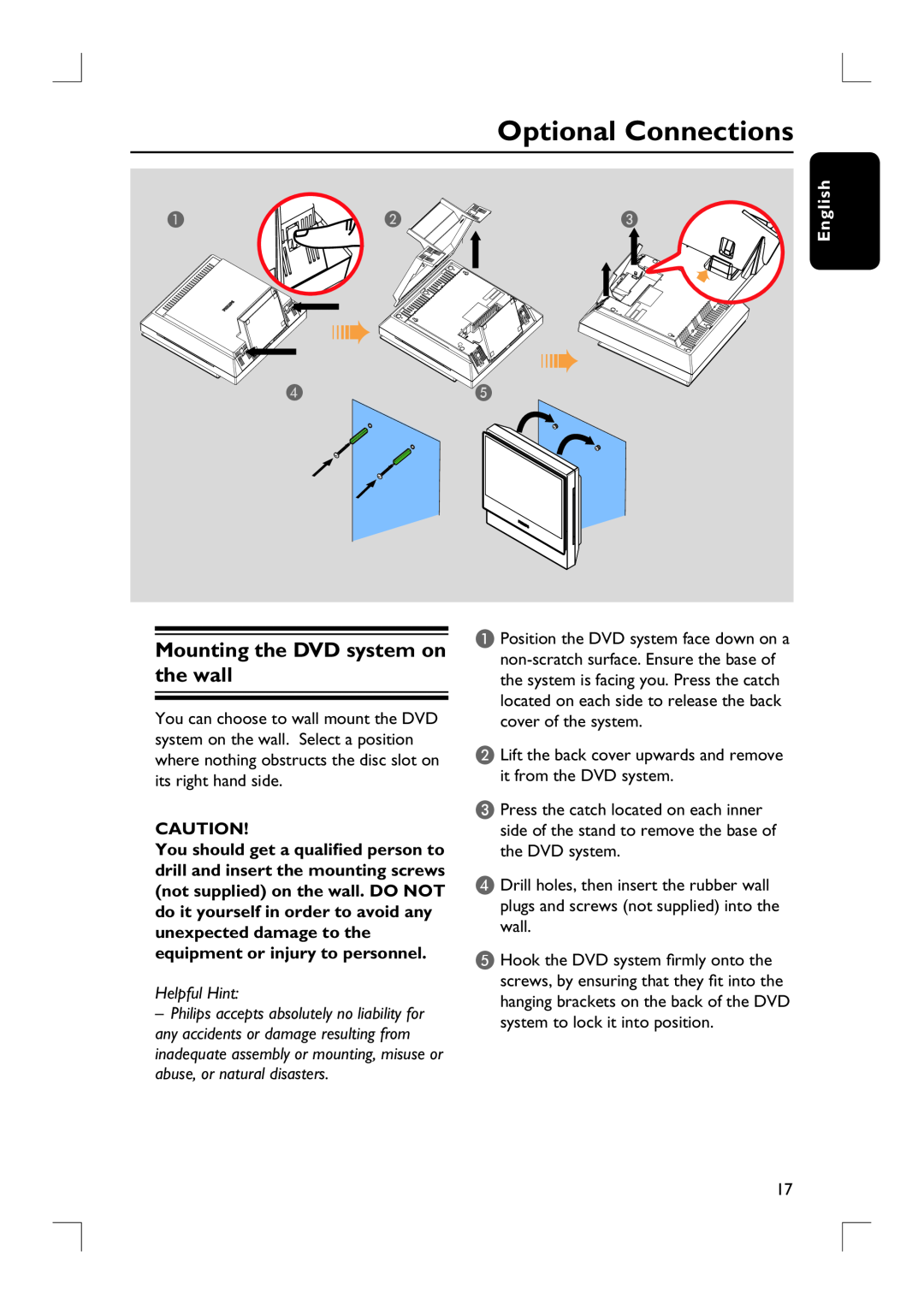 Philips HTS9800W user manual Optional Connections, Mounting the DVD system on the wall, Abc D E, English, Helpful Hint 