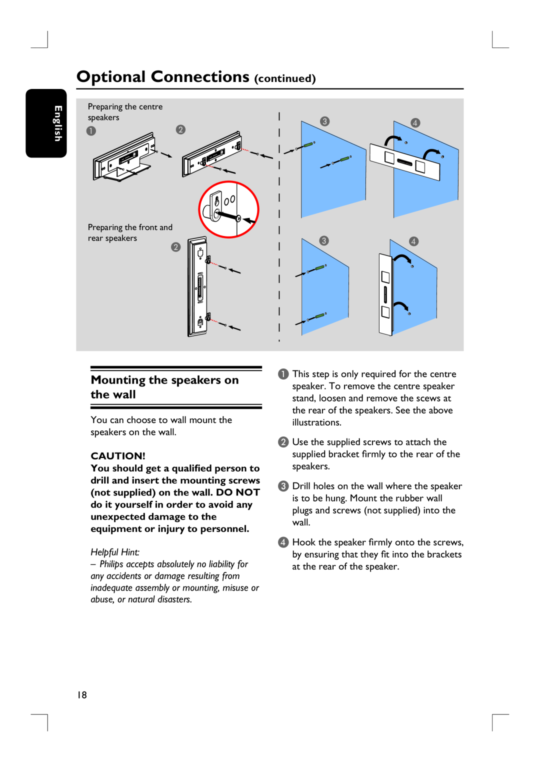 Philips HTS9800W user manual Optional Connections continued, Mounting the speakers on the wall, English, Helpful Hint 