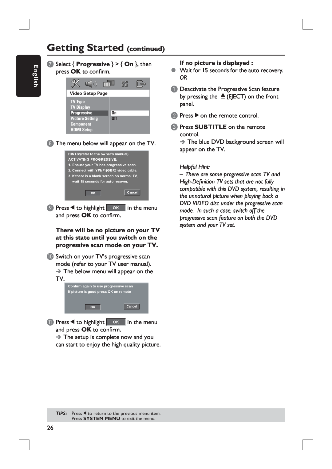 Philips HTS9800W user manual Getting Started continued, English, If no picture is displayed, Helpful Hint 