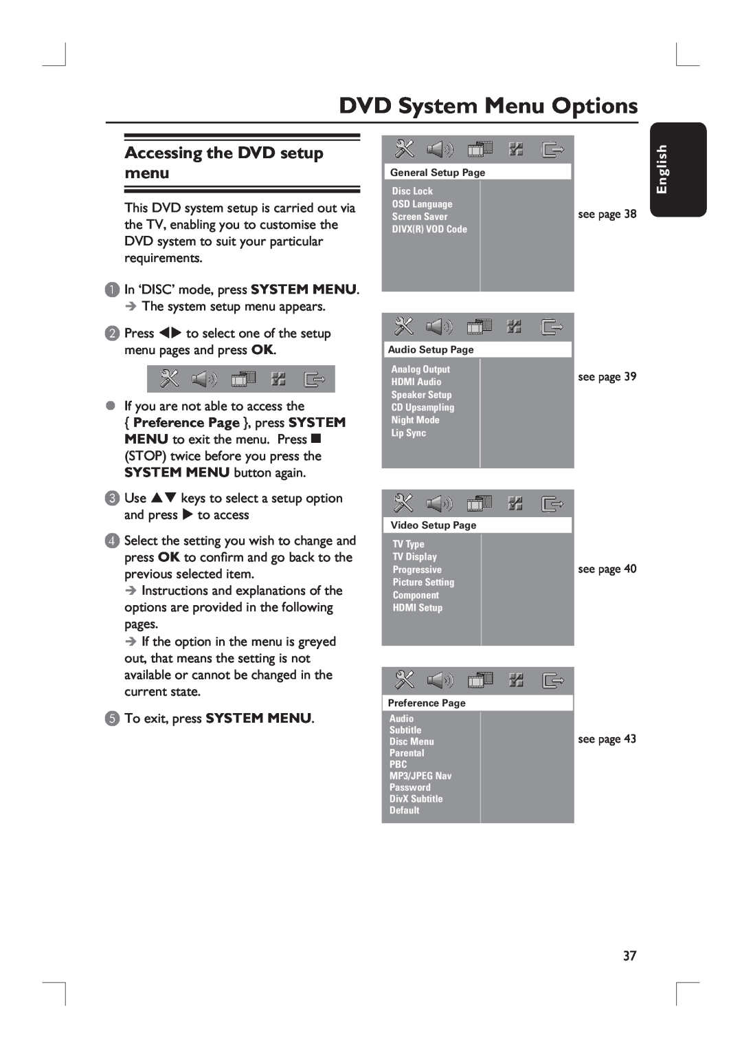 Philips HTS9800W user manual DVD System Menu Options, Accessing the DVD setup menu, English 