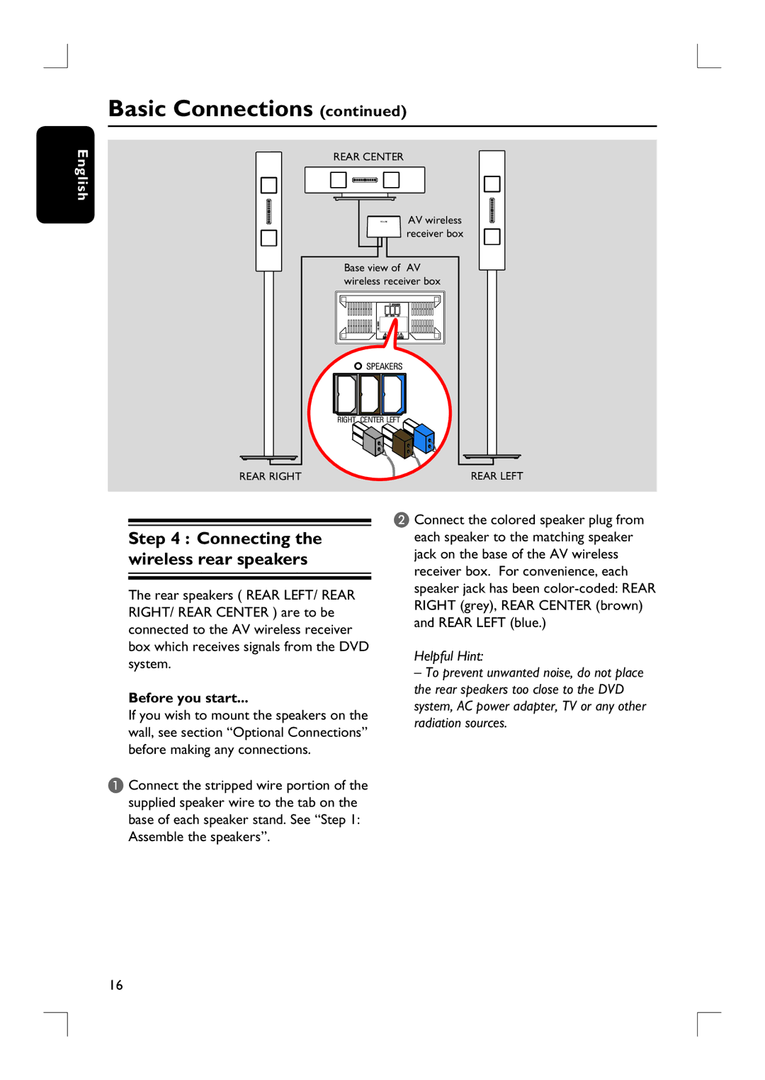 Philips HTS9800W/37B user manual Connecting the wireless rear speakers 