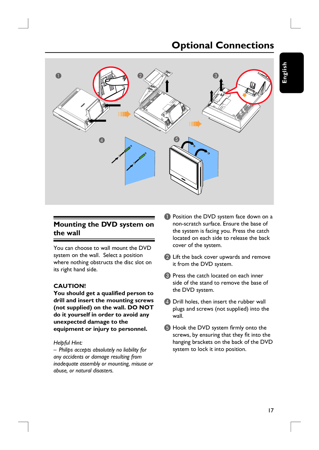 Philips HTS9800W/37B user manual Optional Connections, Mounting the DVD system on the wall 