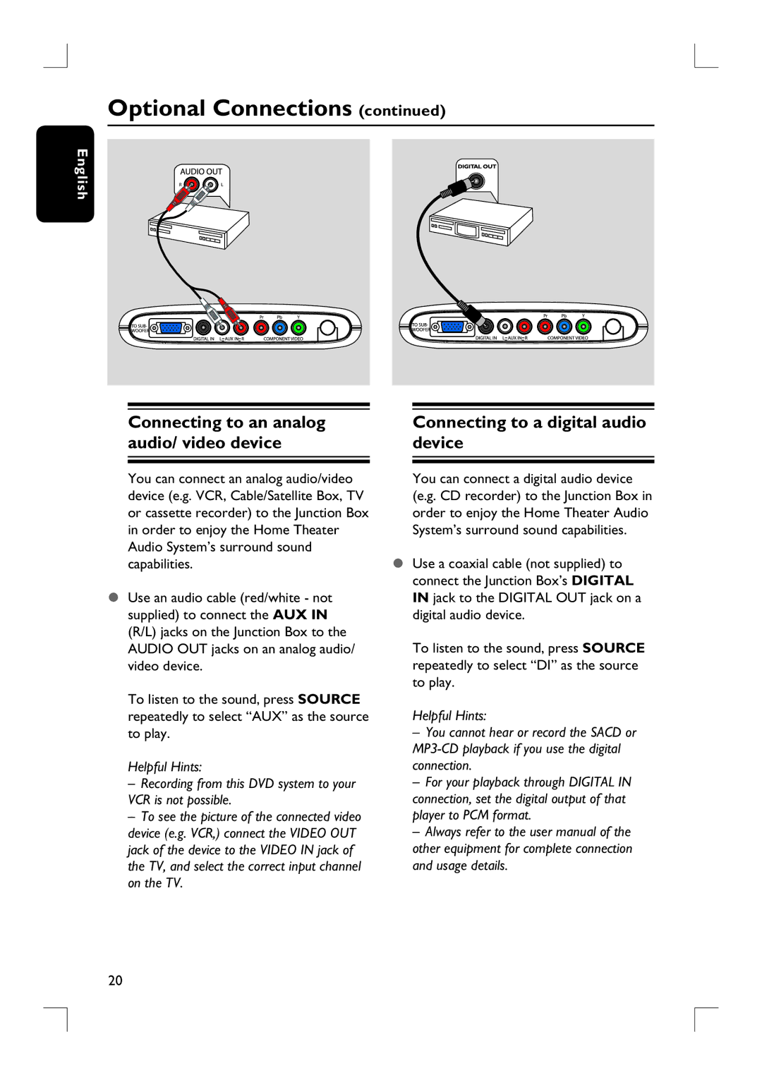 Philips HTS9800W/37B user manual Connecting to a digital audio device, Connecting to an analog audio/ video device 