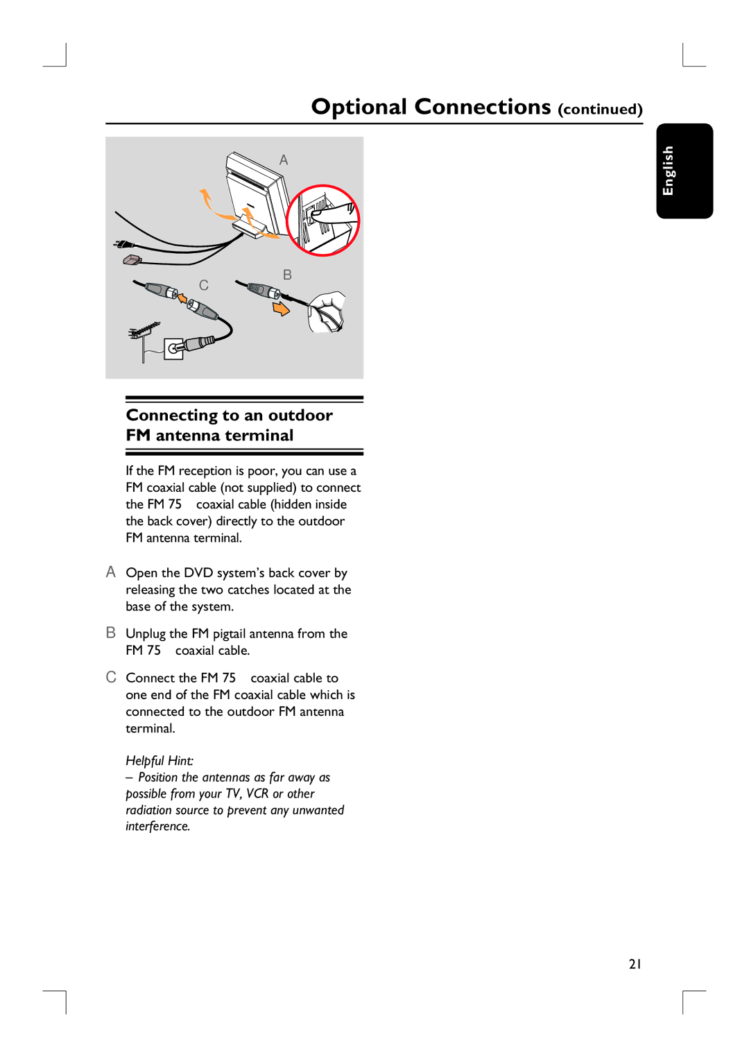 Philips HTS9800W/37B user manual Connecting to an outdoor FM antenna terminal 