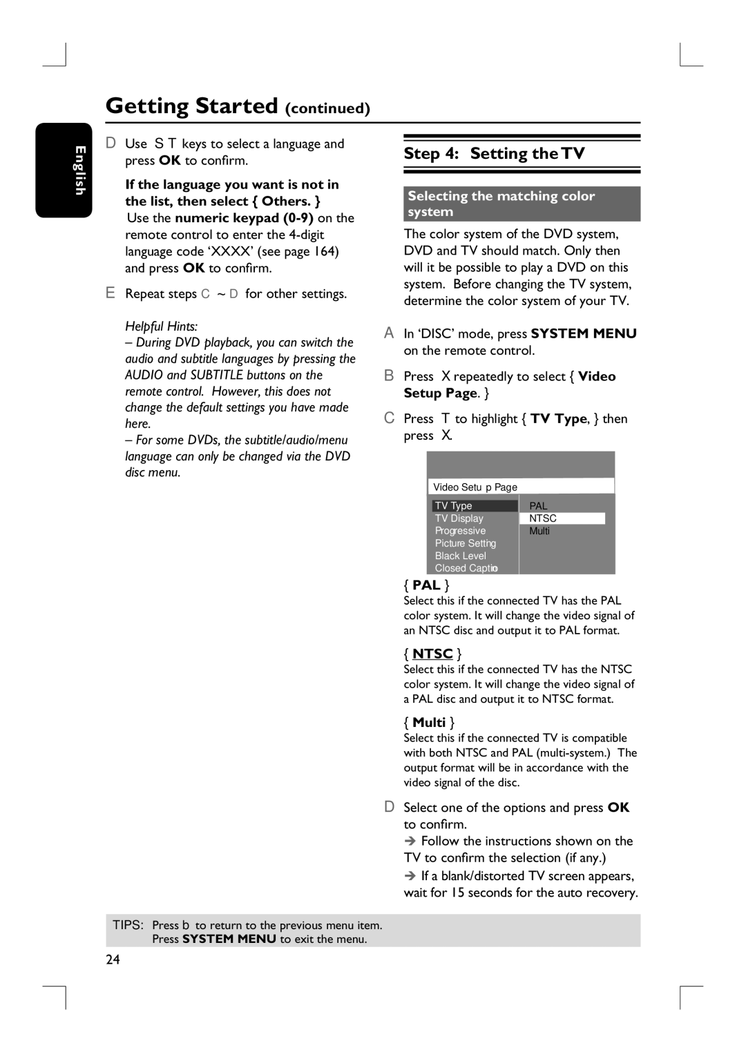 Philips HTS9800W/37B user manual Setting the TV, Selecting the matching color system, Pal, Multi 