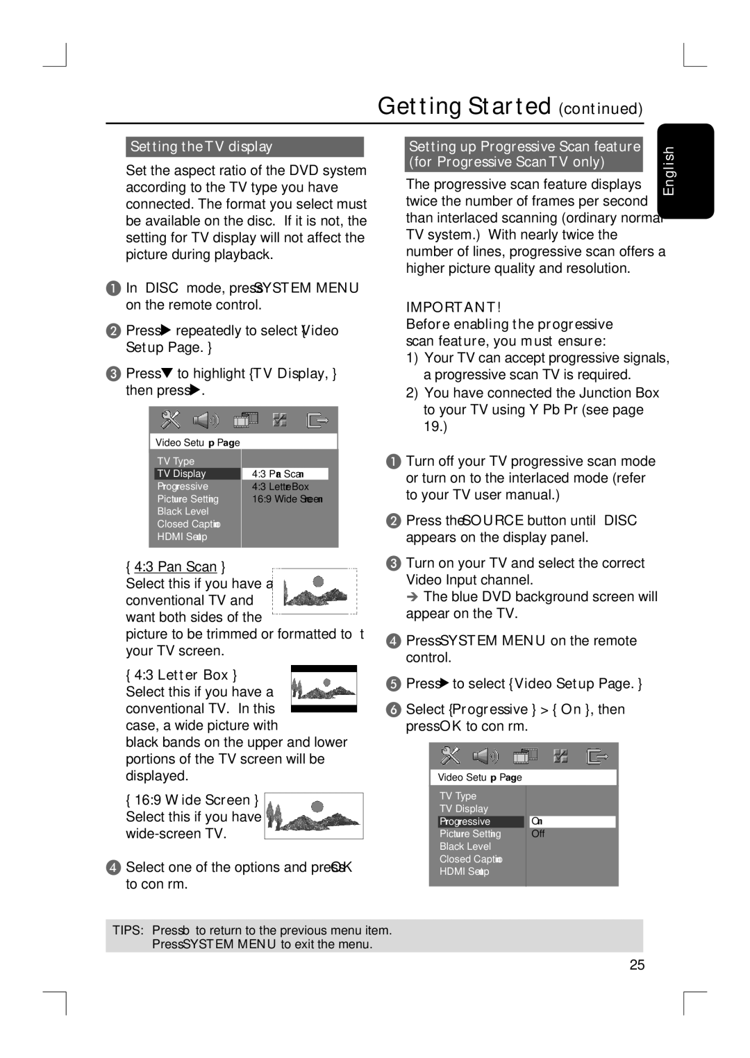 Philips HTS9800W/37B Setting the TV display, Picture to be trimmed or formatted to fi t your TV screen, Letter Box 