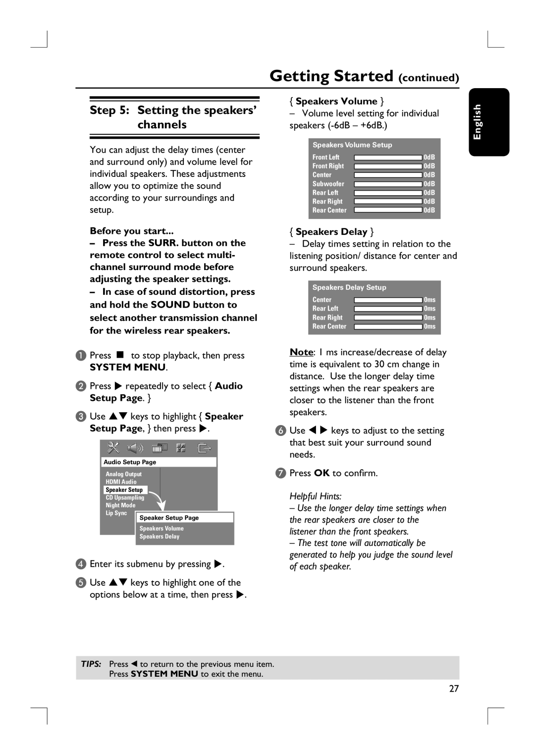 Philips HTS9800W/37B user manual Setting the speakers’ channels, Speakers Volume, Speakers Delay 