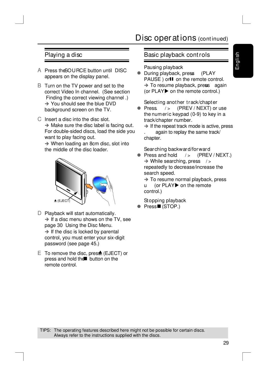 Philips HTS9800W/37B user manual Playing a disc, Basic playback controls 