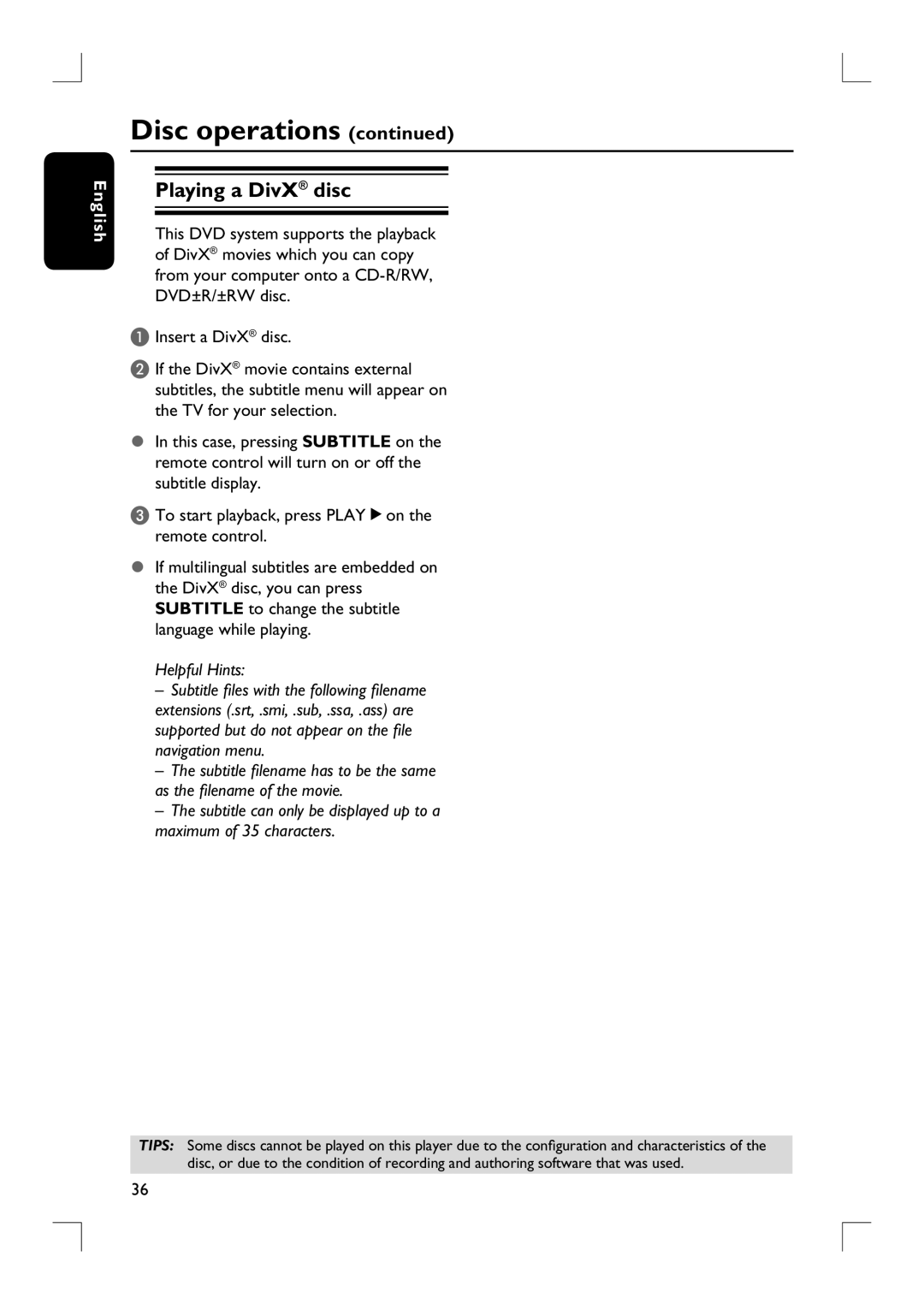 Philips HTS9800W/37B user manual Playing a DivX disc 