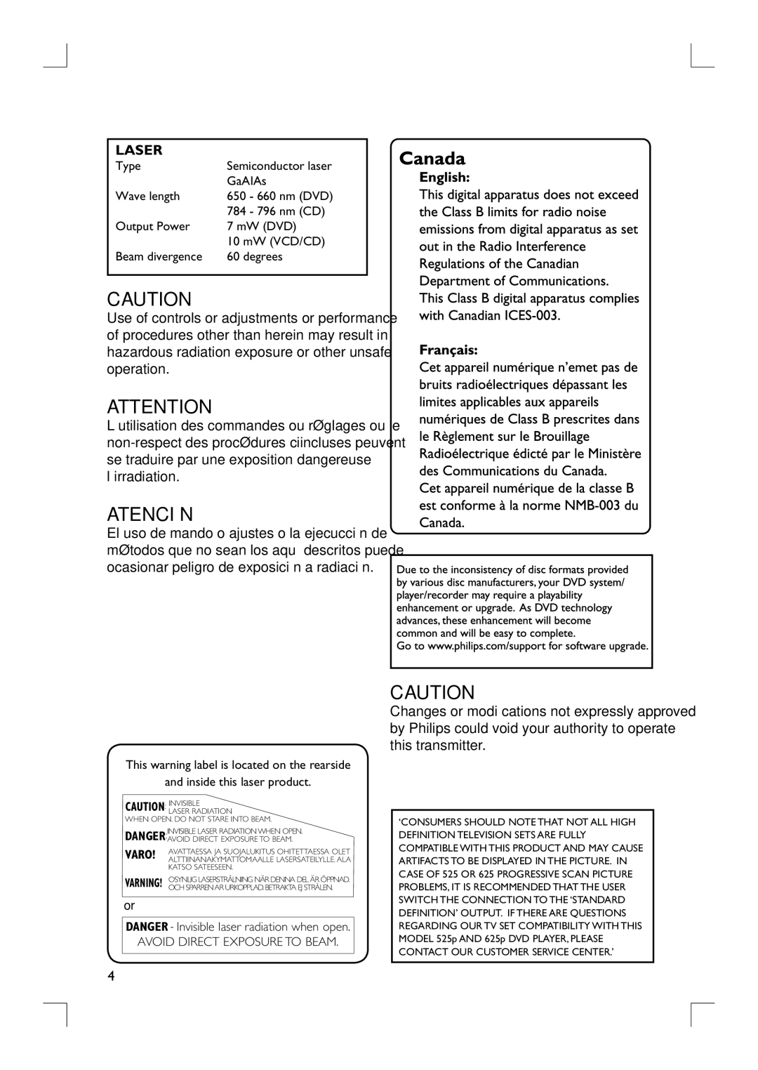 Philips HTS9800W/37B user manual Atención 