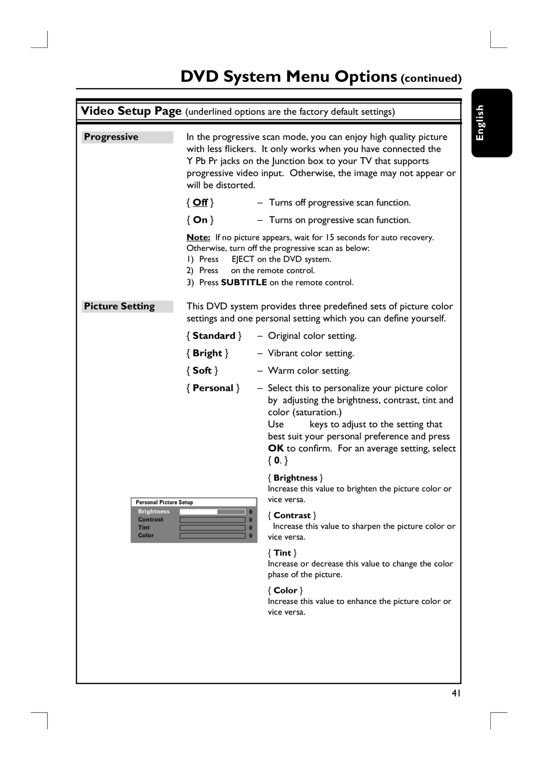 Philips HTS9800W/37B user manual Progressive, Pb Pr jacks on the Junction box to your TV that supports, Picture Setting 