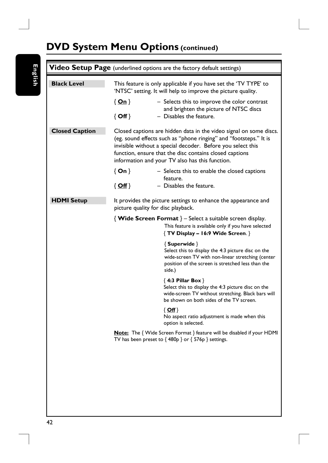 Philips HTS9800W/37B user manual Black Level, Hdmi Setup 