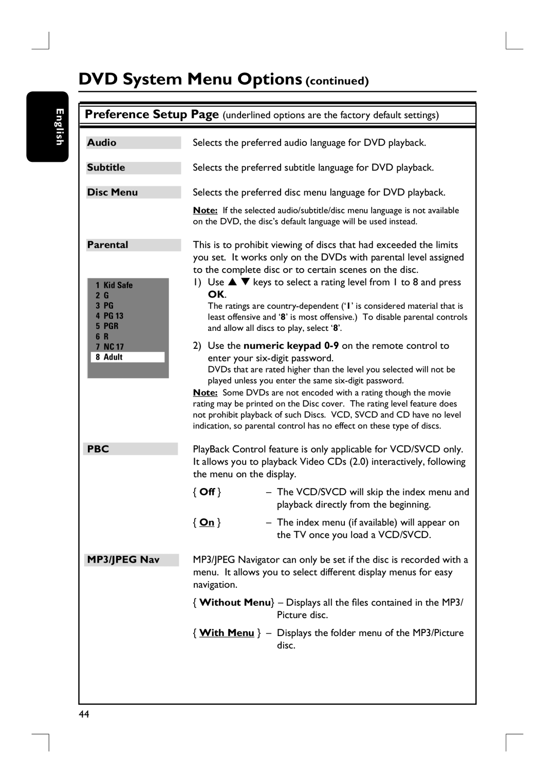 Philips HTS9800W/37B Parental, Menu on the display, Playback directly from the beginning, TV once you load a VCD/SVCD 