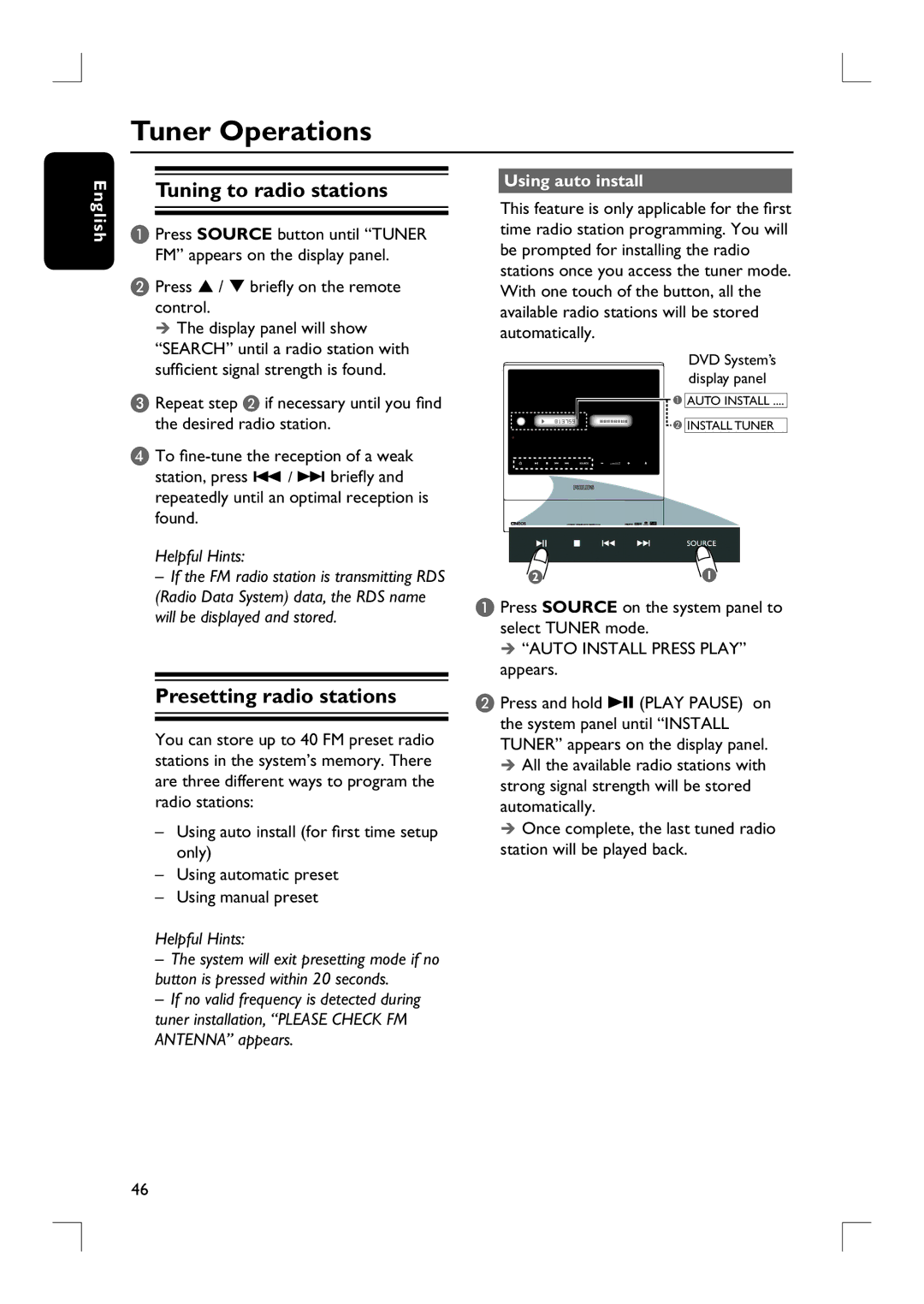 Philips HTS9800W/37B user manual Tuner Operations, Presetting radio stations, Using auto install 