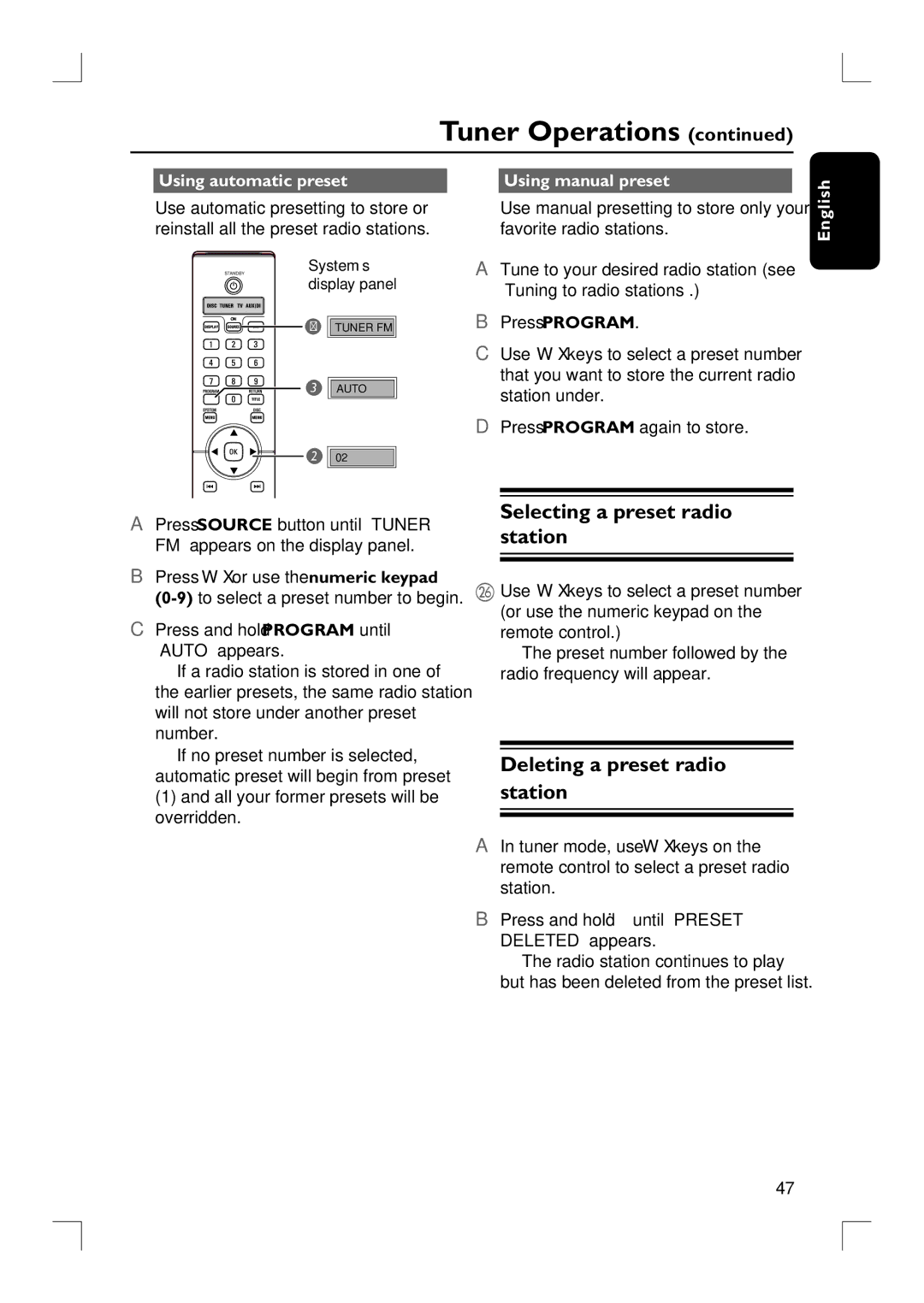 Philips HTS9800W/37B user manual Selecting a preset radio station, Deleting a preset radio station, Using automatic preset 