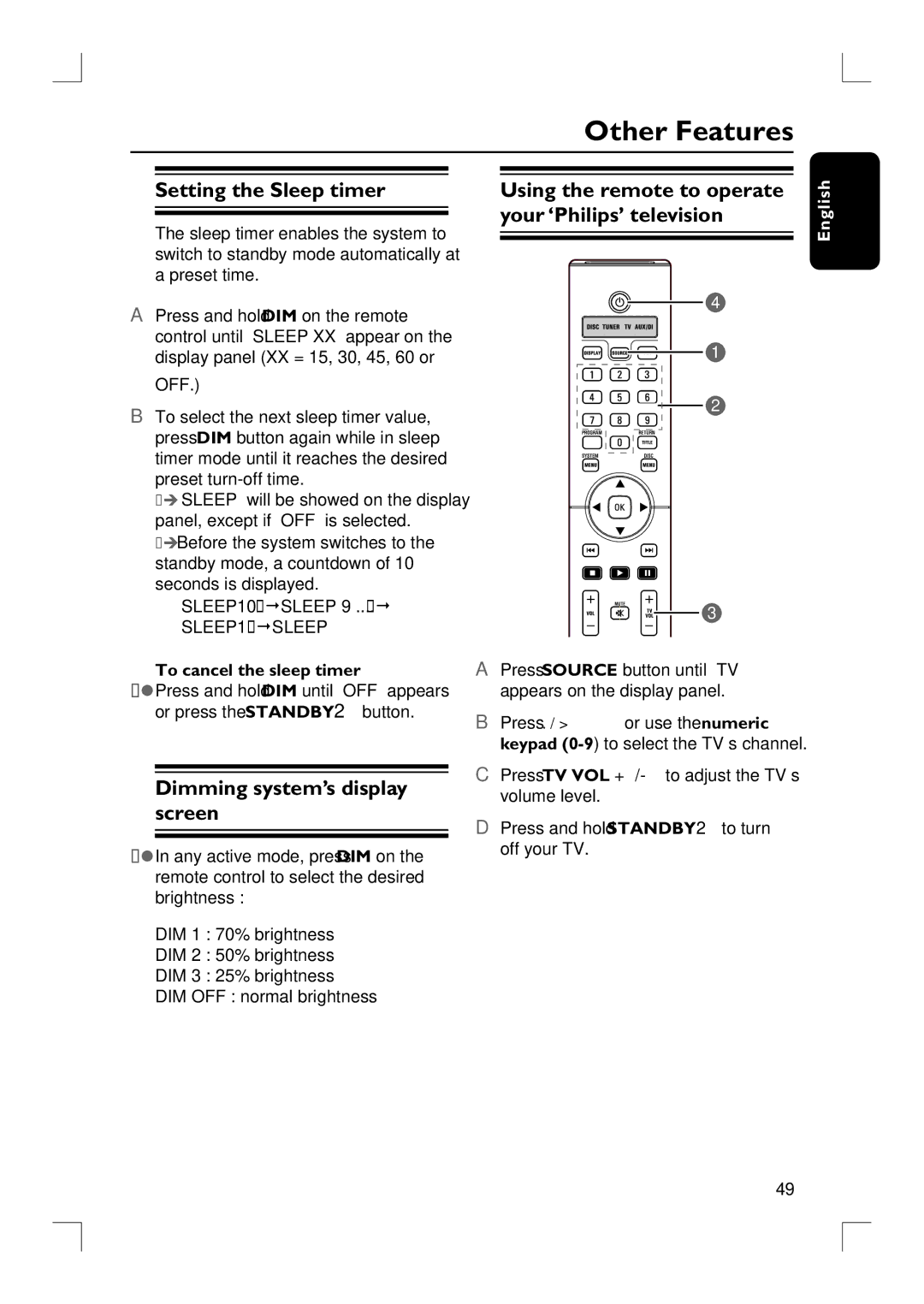 Philips HTS9800W/37B Other Features, Setting the Sleep timer, Dimming system’s display screen, To cancel the sleep timer 