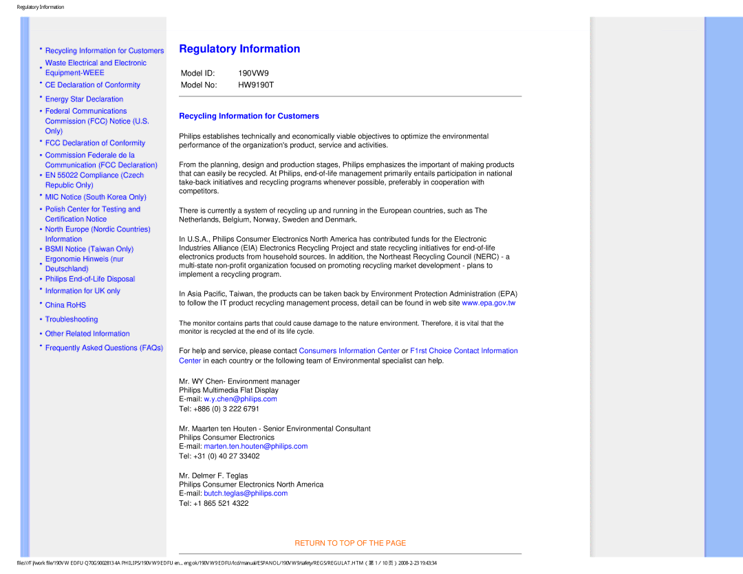 Philips HW9190T user manual Regulatory Information 