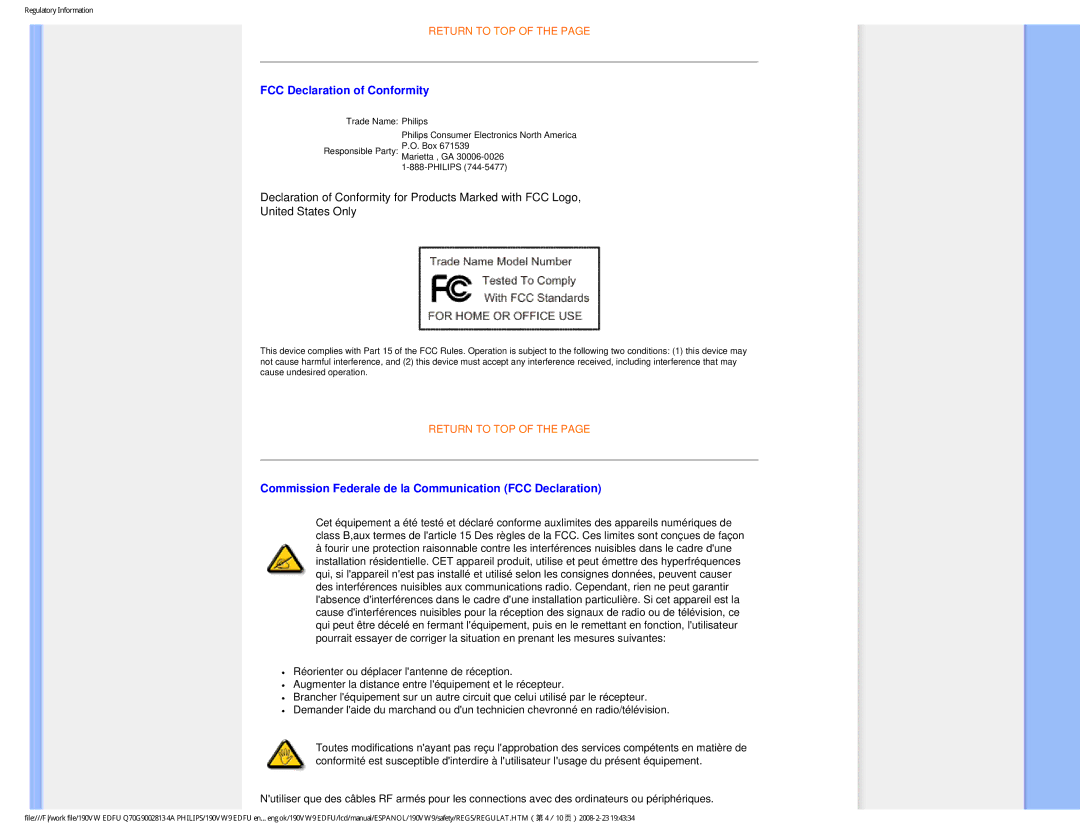 Philips HW9190T user manual FCC Declaration of Conformity 