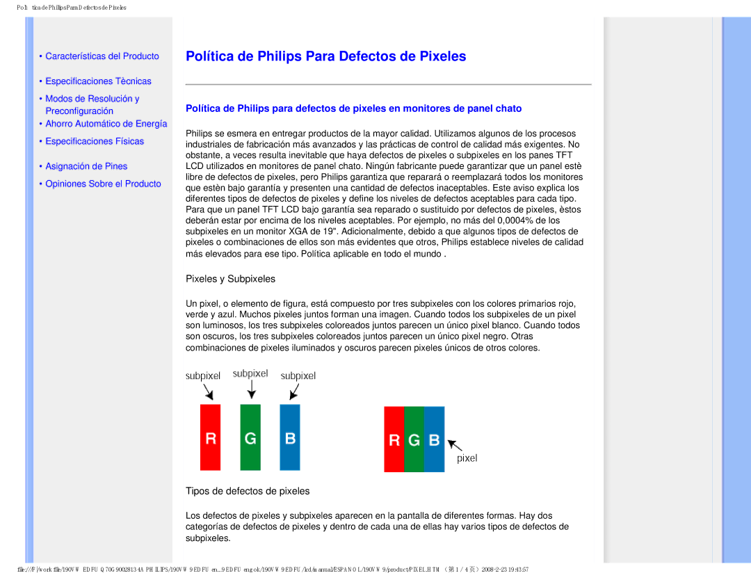 Philips HW9190T user manual Política de Philips Para Defectos de Pixeles, Pixeles y Subpixeles 