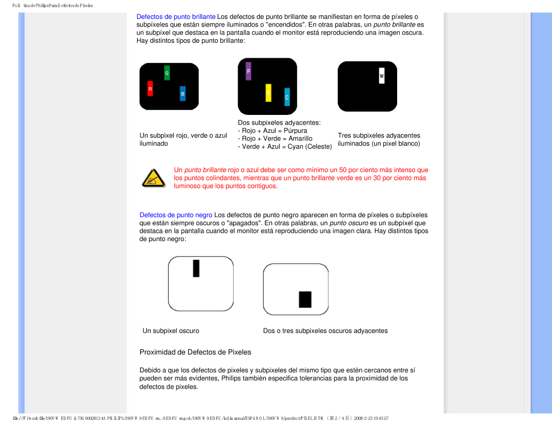 Philips HW9190T user manual Proximidad de Defectos de Pixeles 