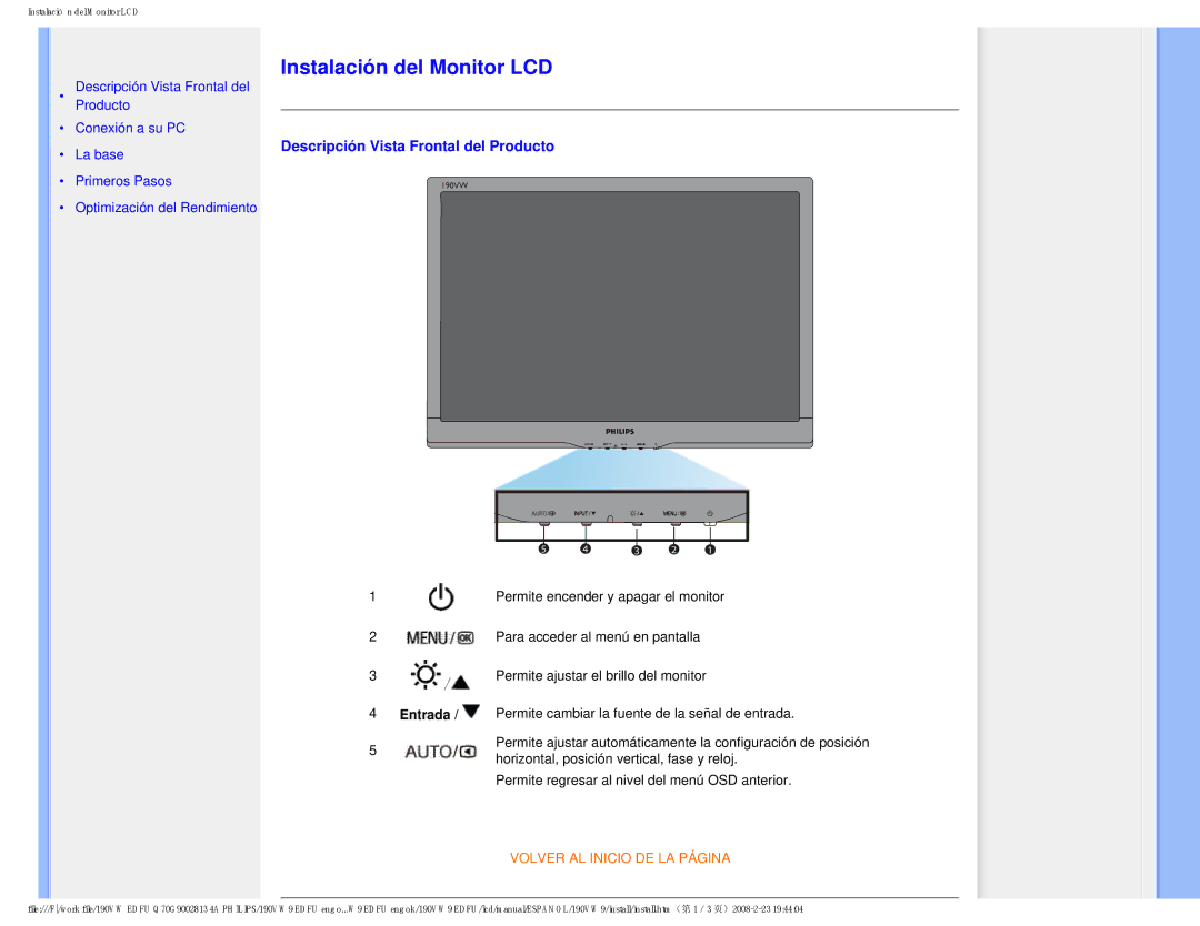 Philips HW9190T user manual Instalación del Monitor LCD, Descripción Vista Frontal del Producto 