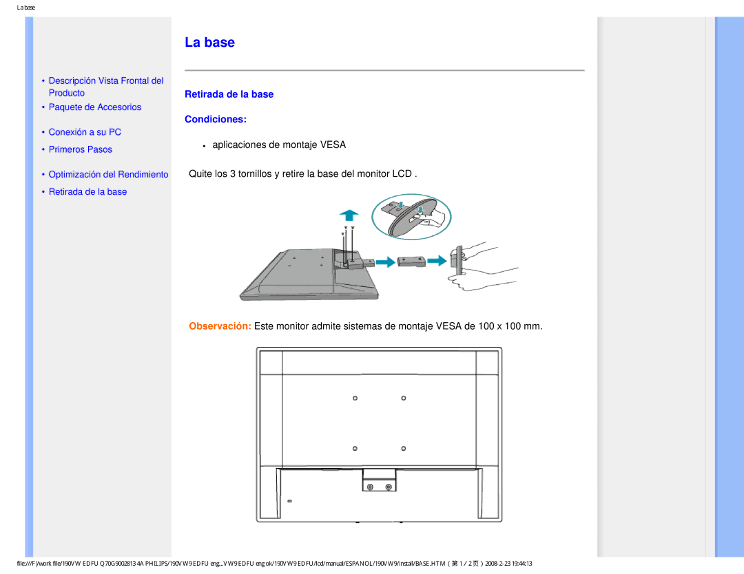 Philips HW9190T user manual La base, Retirada de la base Condiciones 