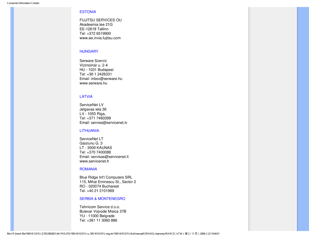 Philips HW9190T user manual Estonia, Hungary, Latvia, Lithuania, Romania, Serbia & Montenegro 