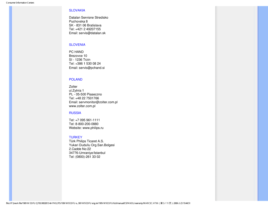 Philips HW9190T user manual Slovakia, Slovenia, Poland, Russia, Turkey 