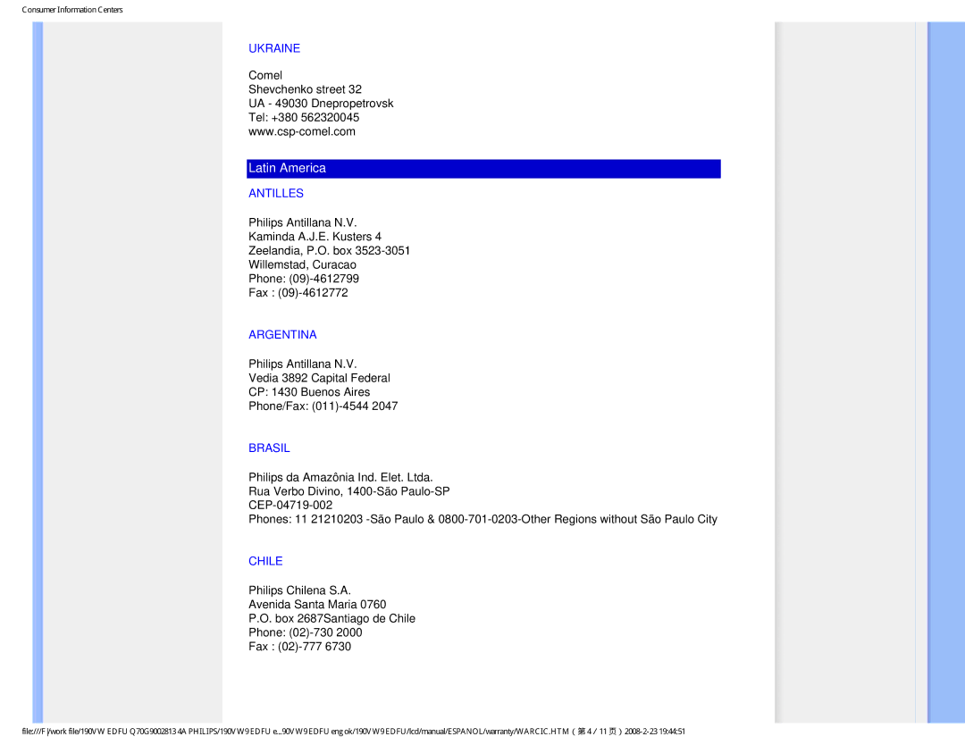 Philips HW9190T user manual Ukraine, Antilles, Argentina, Brasil, Chile 