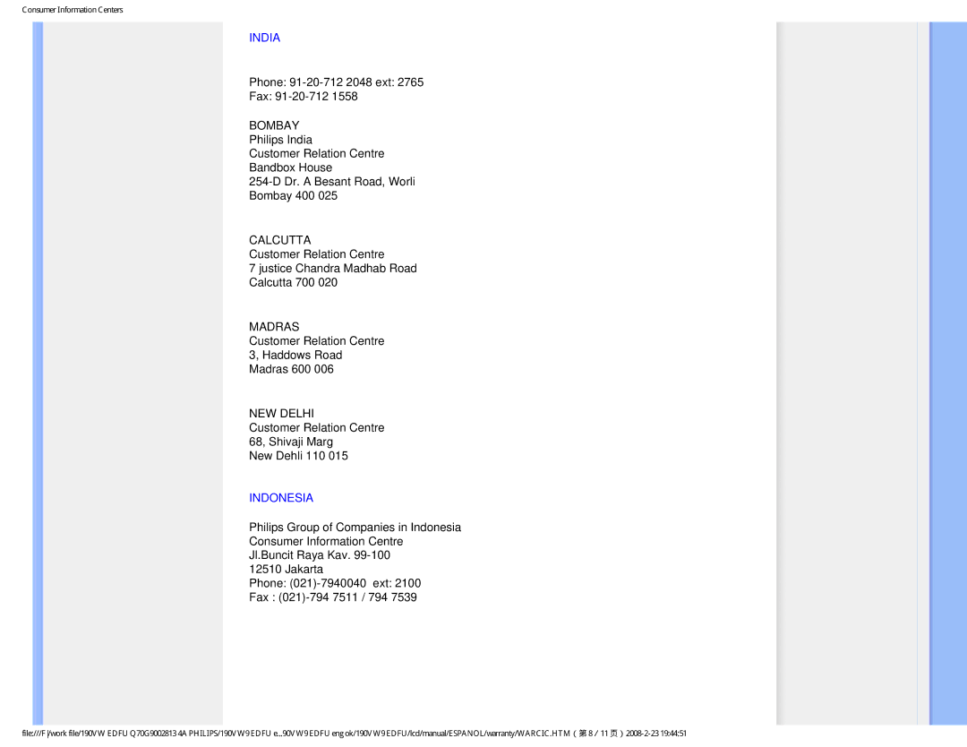 Philips HW9190T user manual India, Indonesia 