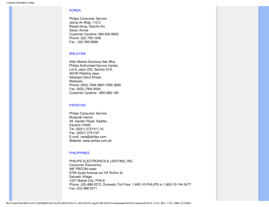 Philips HW9190T user manual Korea, Malaysia, Pakistan, Philippines 