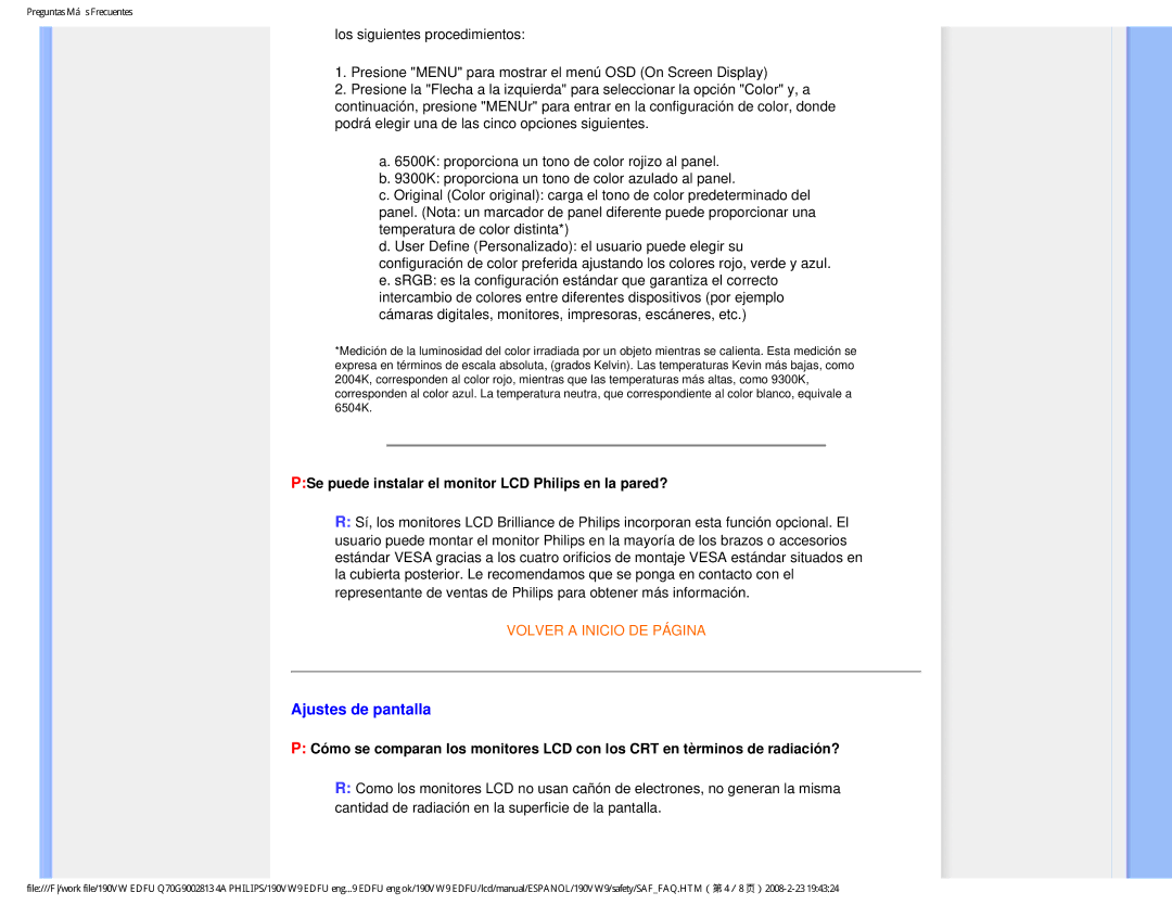 Philips HW9190T user manual Ajustes de pantalla, PSe puede instalar el monitor LCD Philips en la pared? 