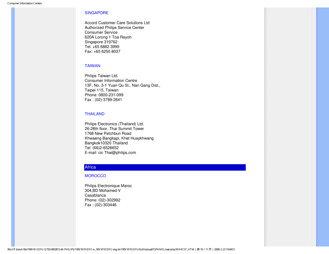 Philips HW9190T user manual Singapore, Taiwan, Thailand, Morocco 