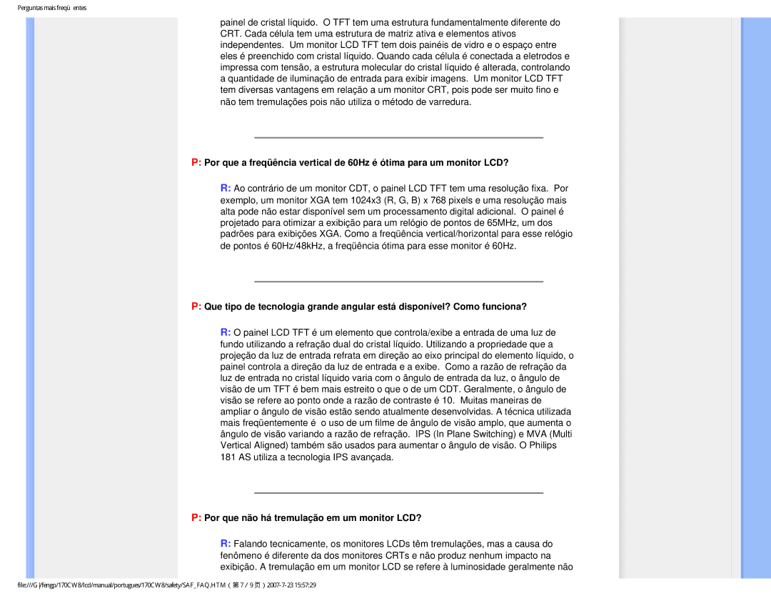 Philips HWC8170T, 170CW8 user manual Por que não há tremulação em um monitor LCD? 