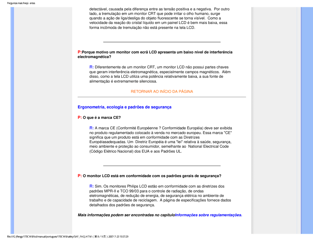 Philips 170CW8, HWC8170T user manual Ergonometria, ecologia e padrões de segurança, Que é a marca CE? 