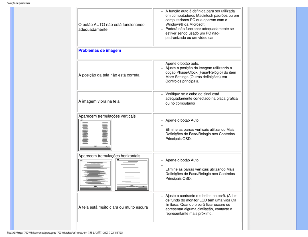 Philips HWC8170T, 170CW8 user manual Problemas de imagem 