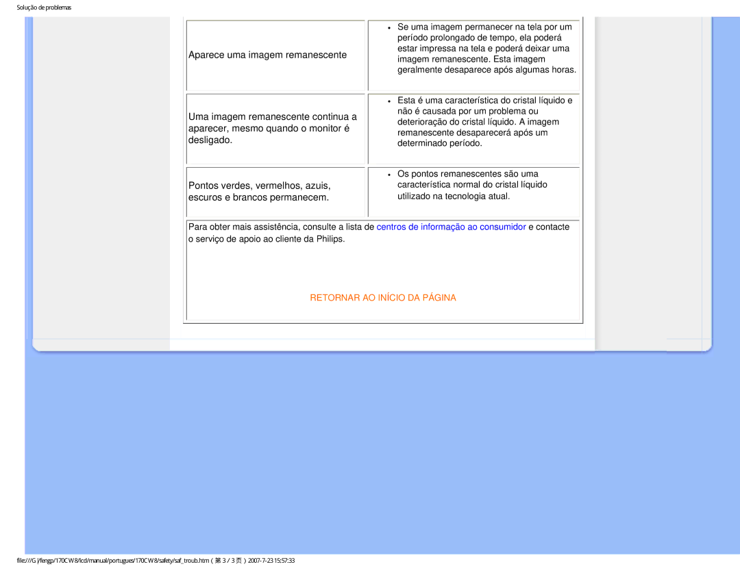 Philips 170CW8, HWC8170T user manual Retornar AO Início DA Página 