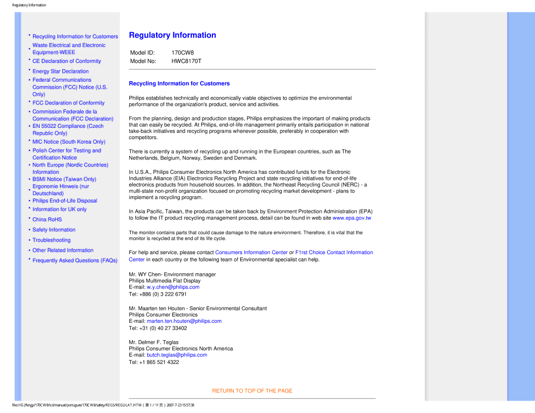 Philips HWC8170T, 170CW8 user manual Regulatory Information 