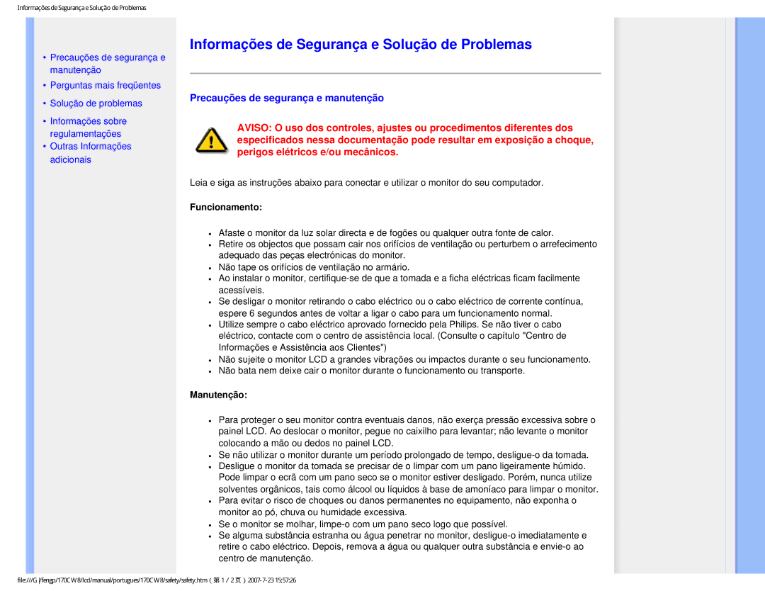 Philips HWC8170T Informações de Segurança e Solução de Problemas, Precauções de segurança e manutenção, Funcionamento 