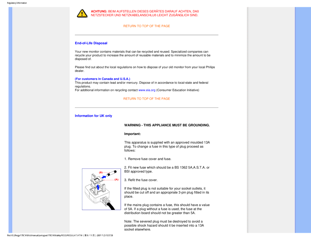 Philips 170CW8, HWC8170T user manual End-of-Life Disposal 