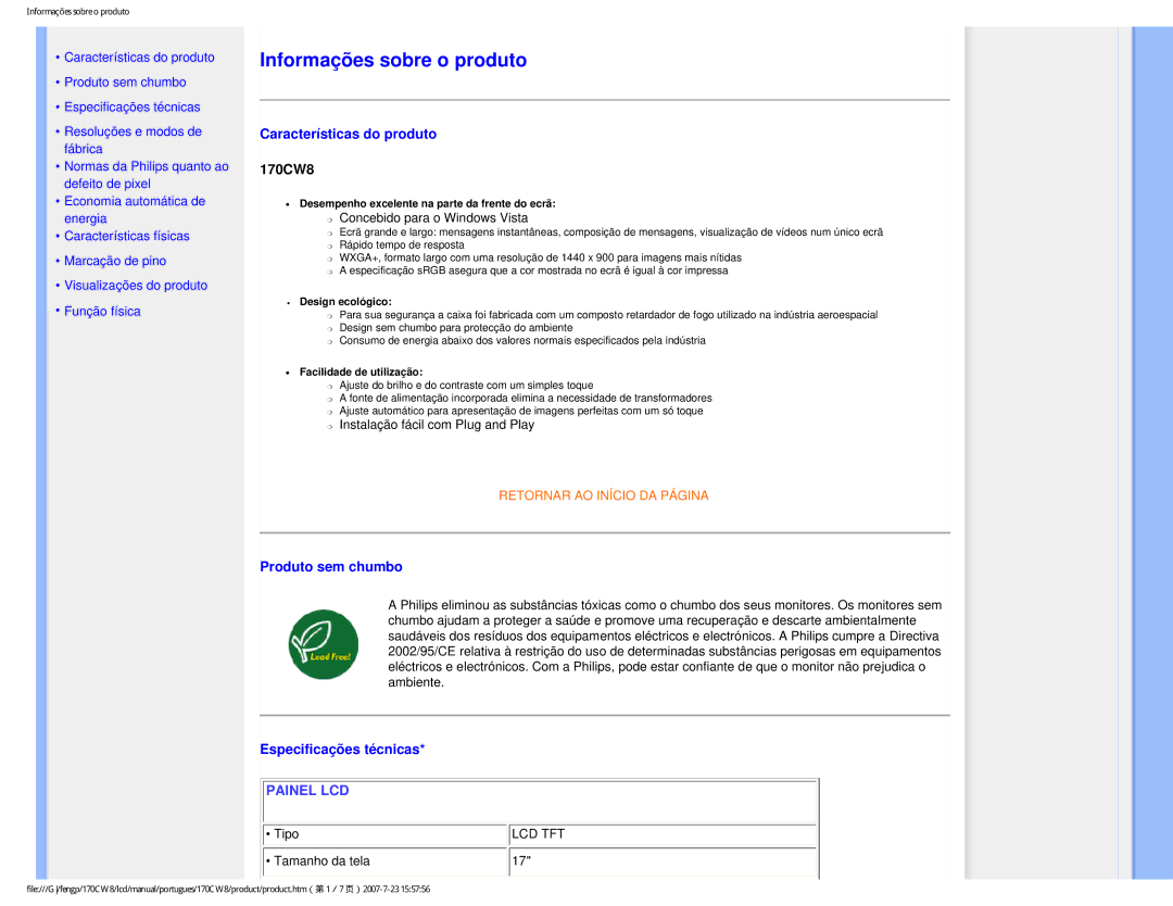 Philips HWC8170T user manual Características do produto, 170CW8, Produto sem chumbo, Especificações técnicas 